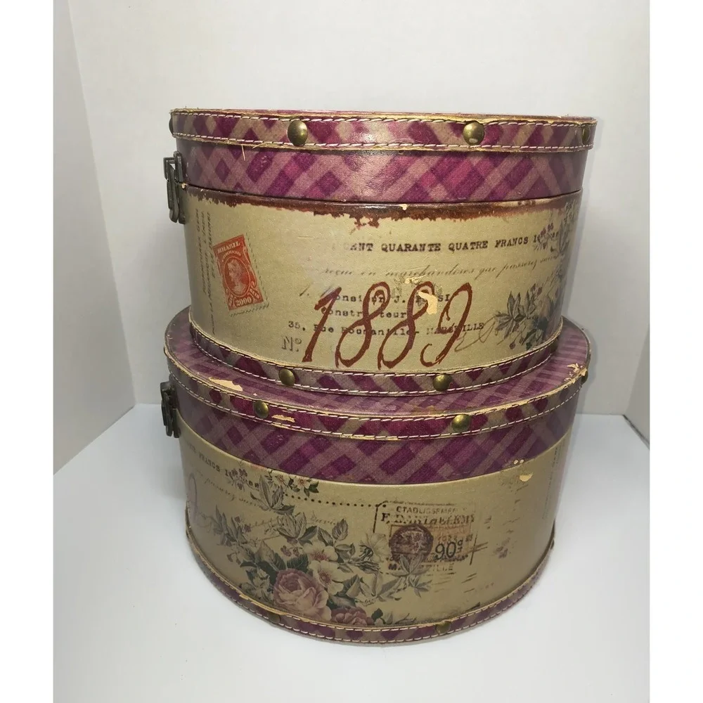 Vintage Style Nesting Round Hat Box Set Hardboard Metal Latch